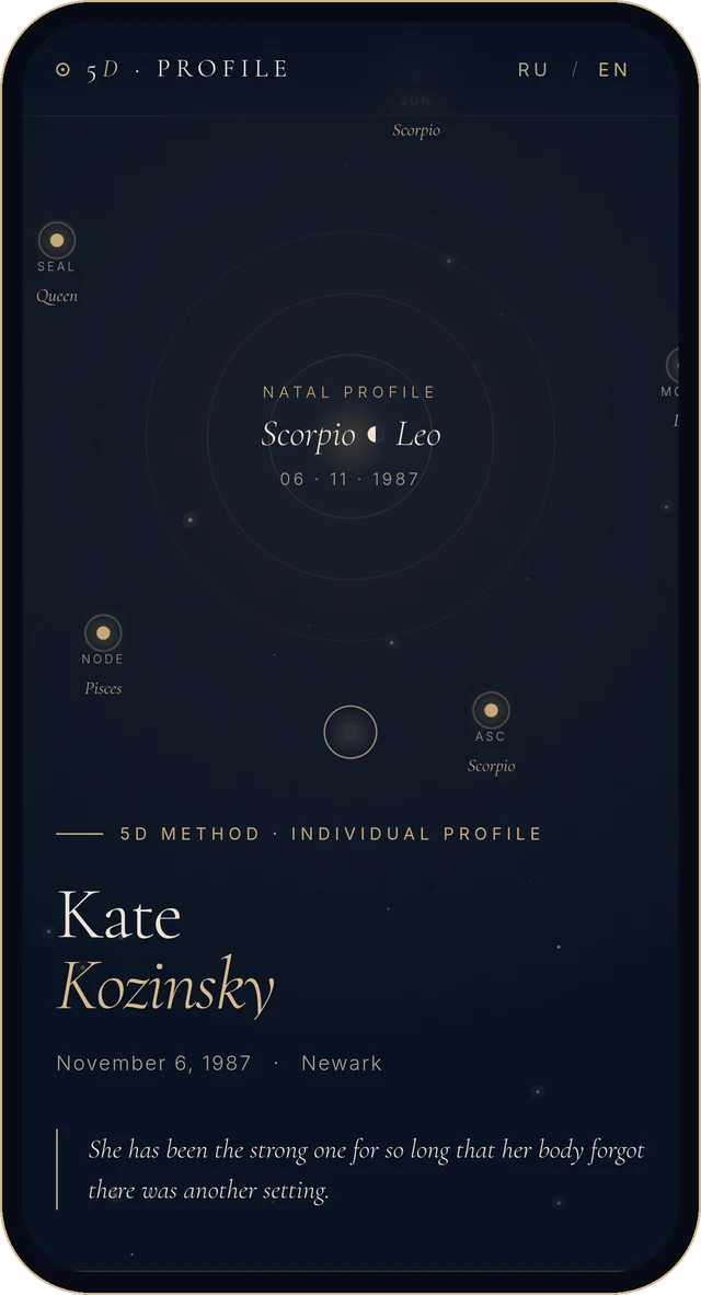 A 5D Profile on a phone: the natal chart, her name and one sentence that is only hers